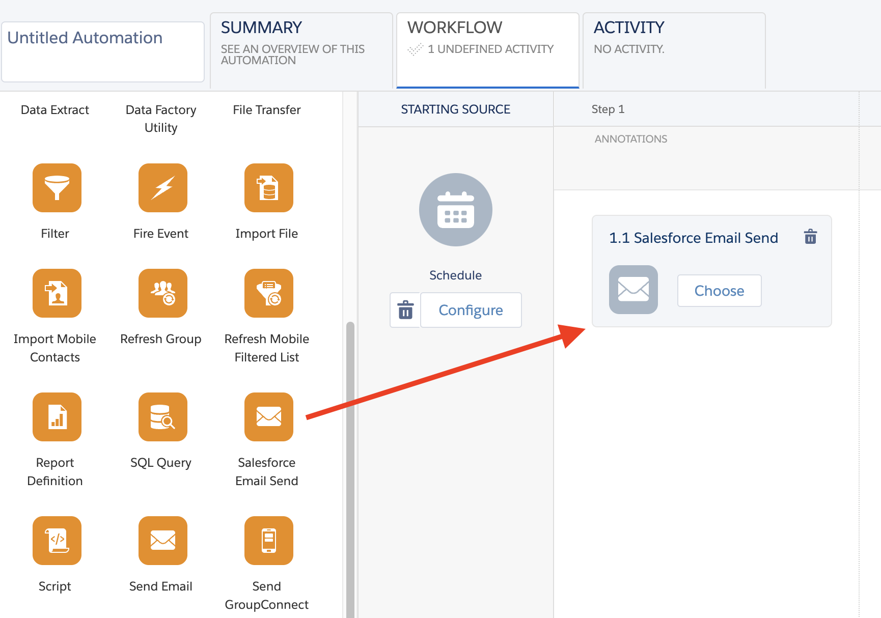 Move "Salesforce Email Send" to the Activity column